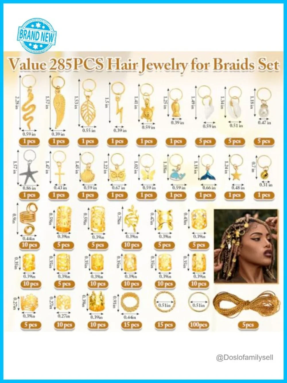 285 Pcs Gold Hair Jewelry for Braids with Pendants Charms